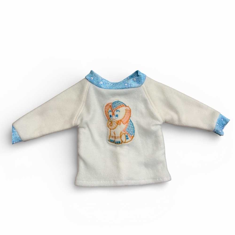 Vintage 1970s Baby Sweater White Blue Elephant Pullover 3 6 Months Retro